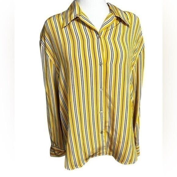 Austin Reed 100% silk yellow, white stripe long sleeve vintage 14 large button - Picture 1 of 12